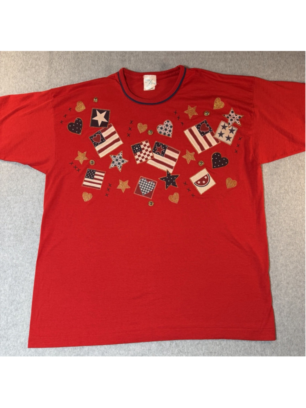 Vintage Patriotic Flag Glitter Applique T-Shirt Womens OS July 4th USA Made 90s